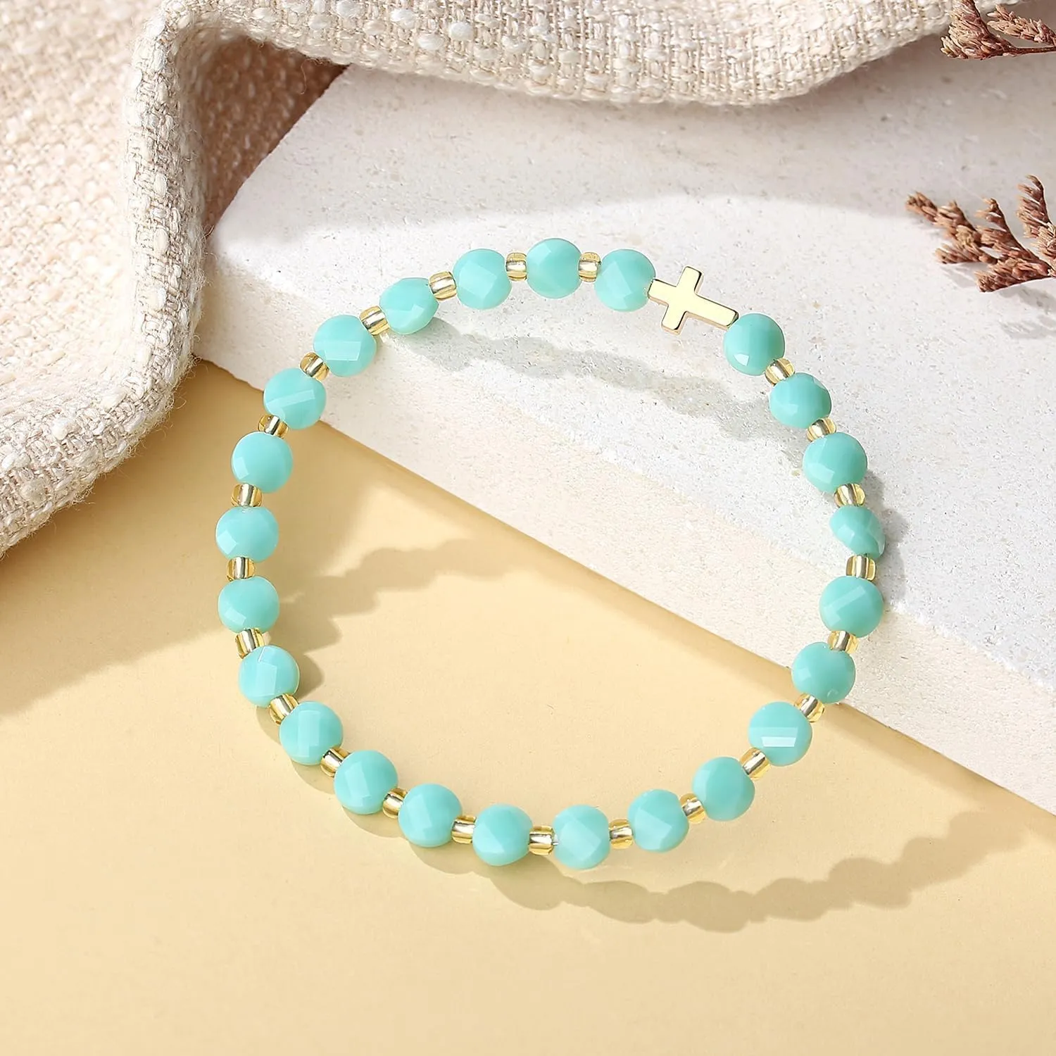 18K Gold Cross Bracelet for Women with 4MM Austrian Crystal - Handmade Stretch Jewelry Original Christian Gifts (Mint Porcelain)