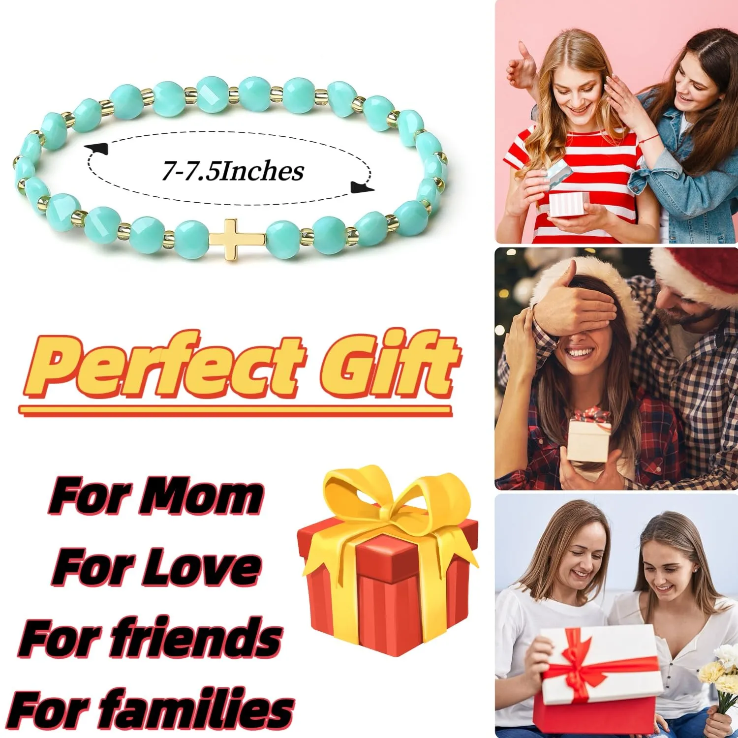 18K Gold Cross Bracelet for Women with 4MM Austrian Crystal - Handmade Stretch Jewelry Original Christian Gifts (Mint Porcelain)