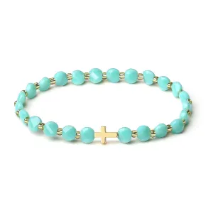 18K Gold Cross Bracelet for Women with 4MM Austrian Crystal - Handmade Stretch Jewelry Original Christian Gifts (Mint Porcelain)