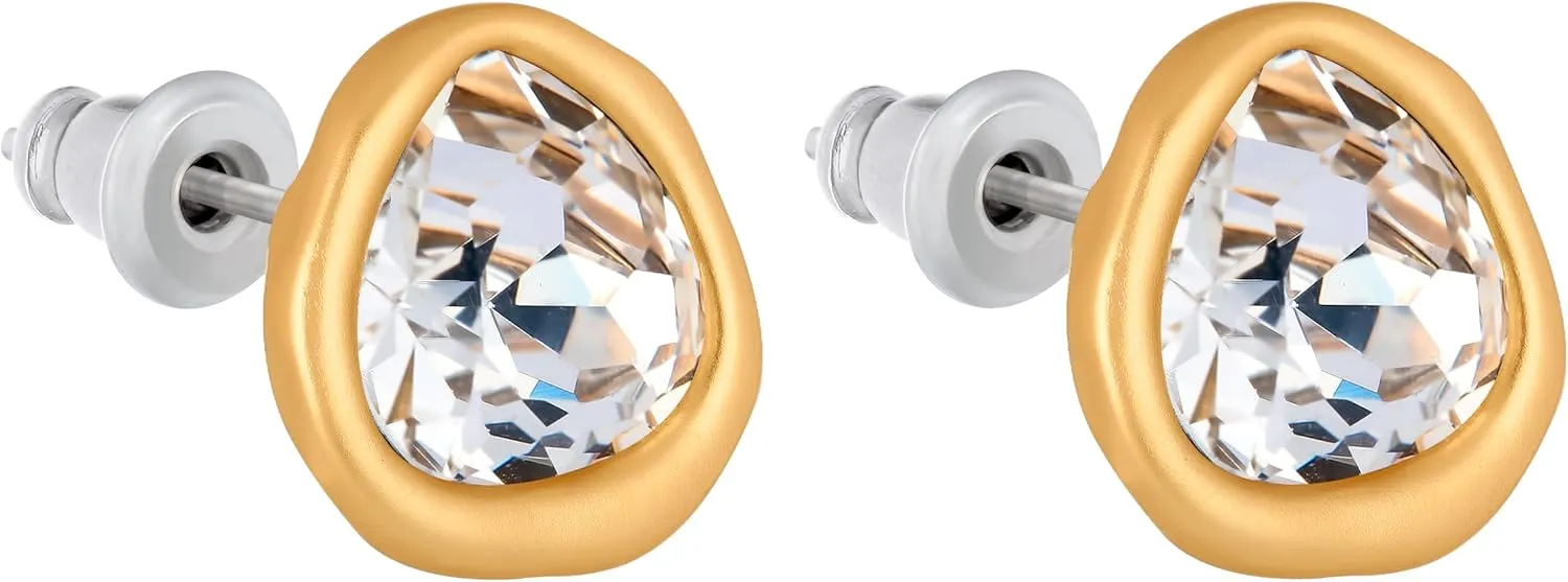18k Gold Plated Austrian Crystal Stud Earrings, Sparkly Crystals Framed with Abstract Shapes, Hypoallergenic, Colorful and Unique Jewelry Gift for Women