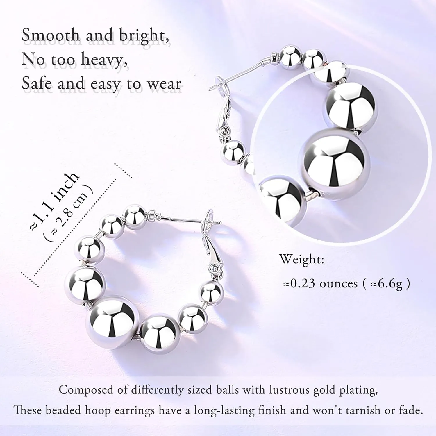 18K Gold Plated Beaded Hoop Earrings for Women, Thick Silver Ball Earrings, Women's Chunky Hoop Earrings, Trendy Jewelry for women