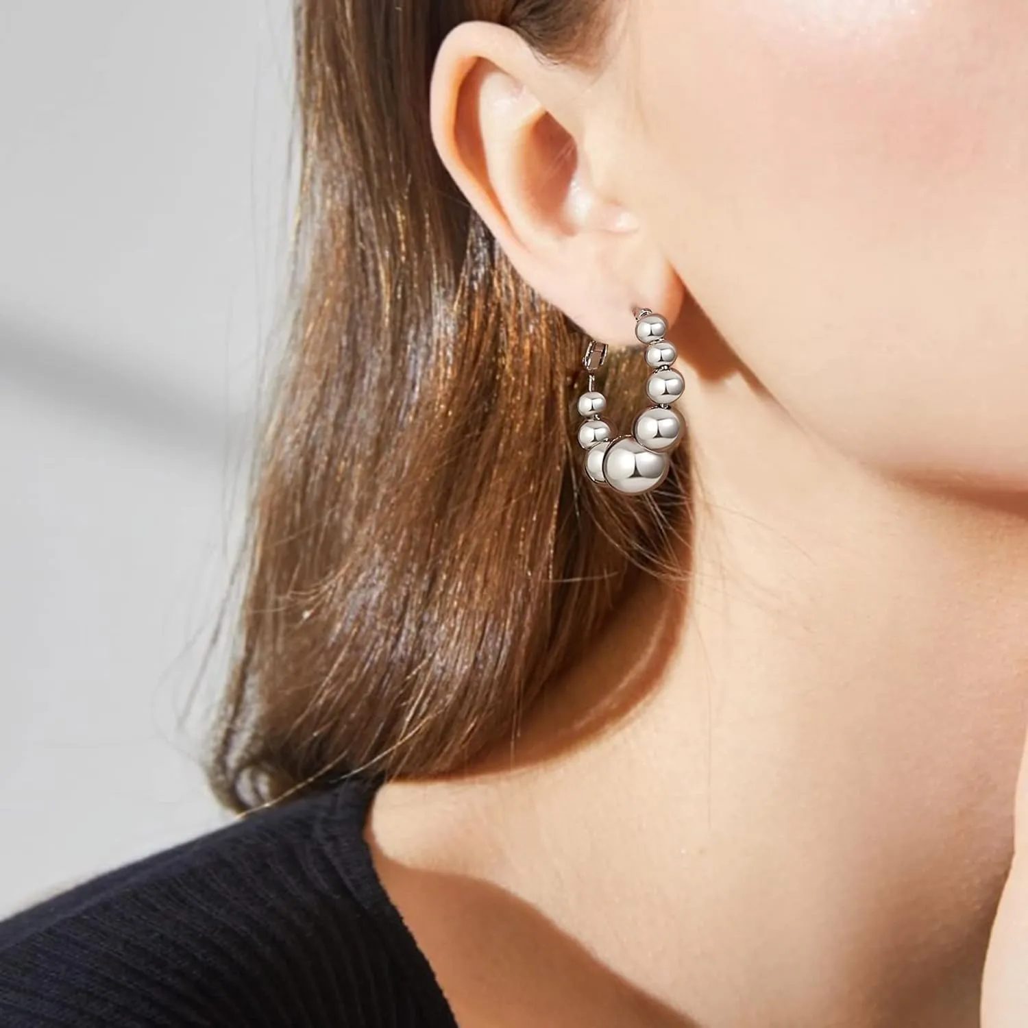 18K Gold Plated Beaded Hoop Earrings for Women, Thick Silver Ball Earrings, Women's Chunky Hoop Earrings, Trendy Jewelry for women