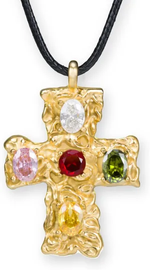 18K Gold-Plated Cross Necklace for Sensitive Skin 5 Color Gemstones Leather Cord Boho Christian Religion Faith Daily Wear Jewelry for Women Men