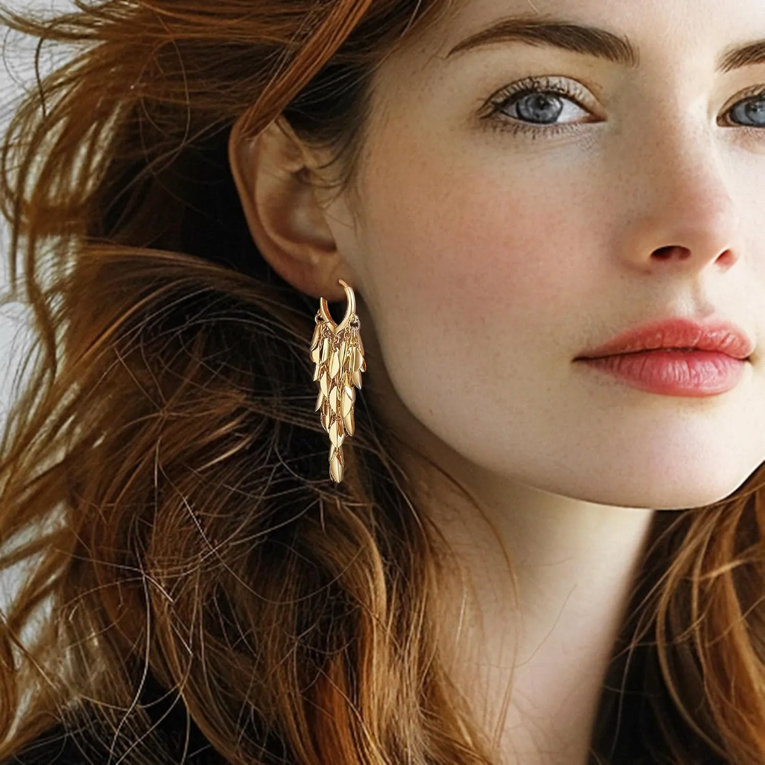 18K Gold Plated Leaf Hoop Earrings for Women, Long Tassel Dangle Drop Earrings, Chunky Gold Chandelier Earrings