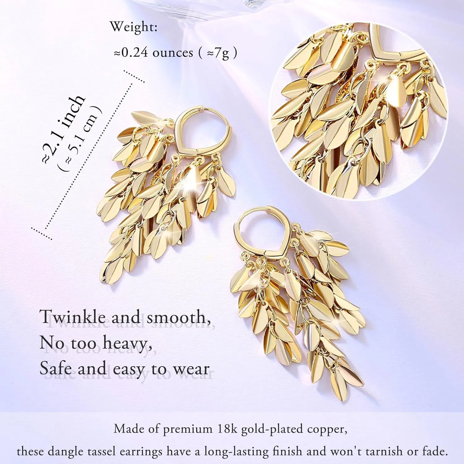 18K Gold Plated Leaf Hoop Earrings for Women, Long Tassel Dangle Drop Earrings, Chunky Gold Chandelier Earrings