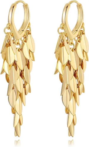 18K Gold Plated Leaf Hoop Earrings for Women, Long Tassel Dangle Drop Earrings, Chunky Gold Chandelier Earrings