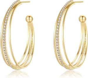 18K Gold Plated Triple Hoop Earrings for Women, Cubic Zirconia Dangle Earrings, Chunky Gold Large Hoop Earrings, Gold Elegant Jewelry for Women