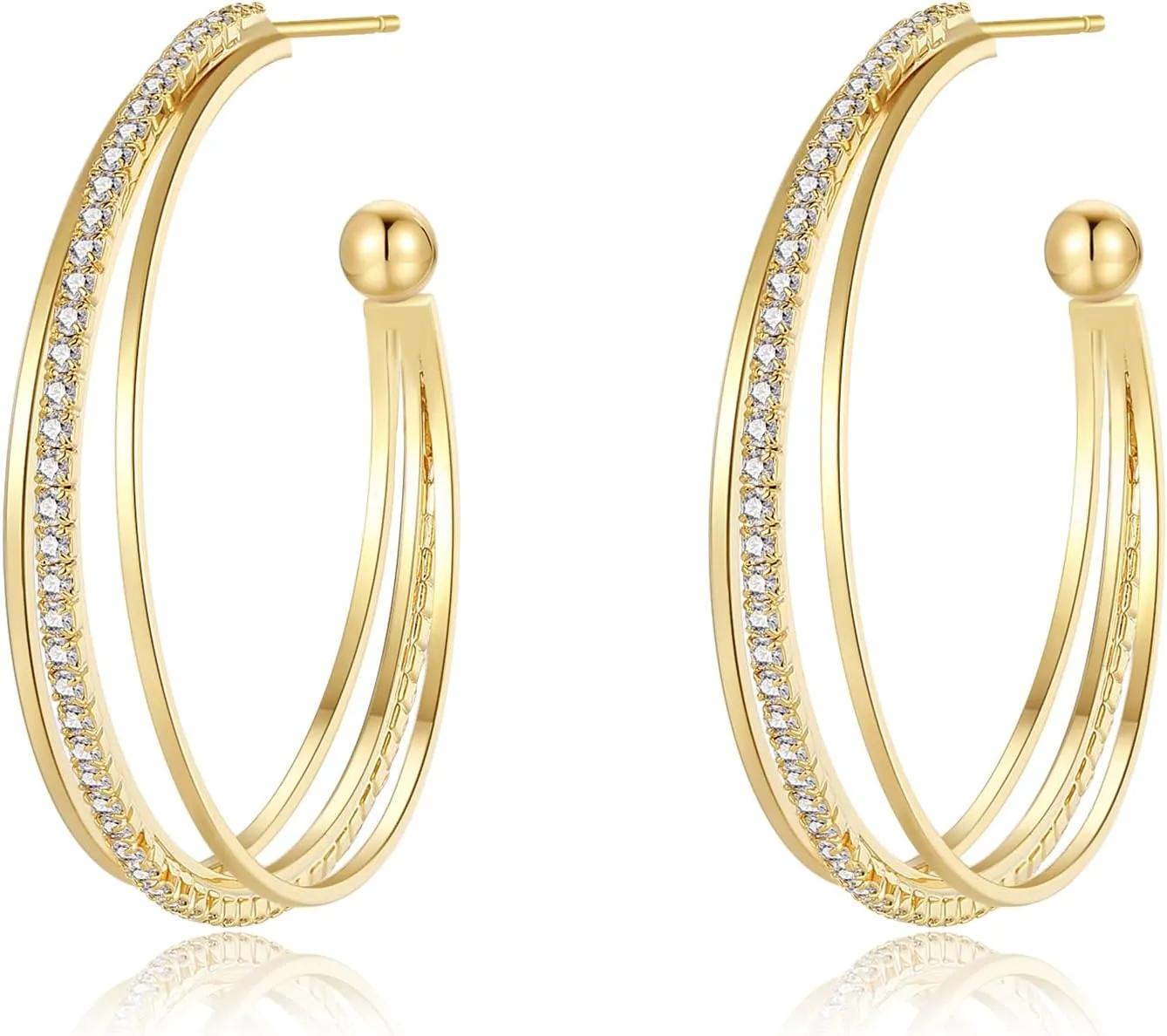 18K Gold Plated Triple Hoop Earrings for Women, Cubic Zirconia Dangle Earrings, Chunky Gold Large Hoop Earrings, Gold Elegant Jewelry for Women