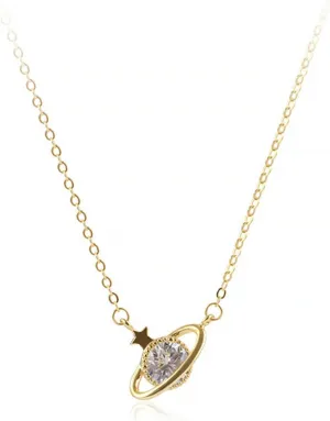 18K Gold Saturn Planet Necklace for Women Pave Cubic Zirconia Pendent Necklace Dainty Satellite Chain Jewelry for Women (Planet)