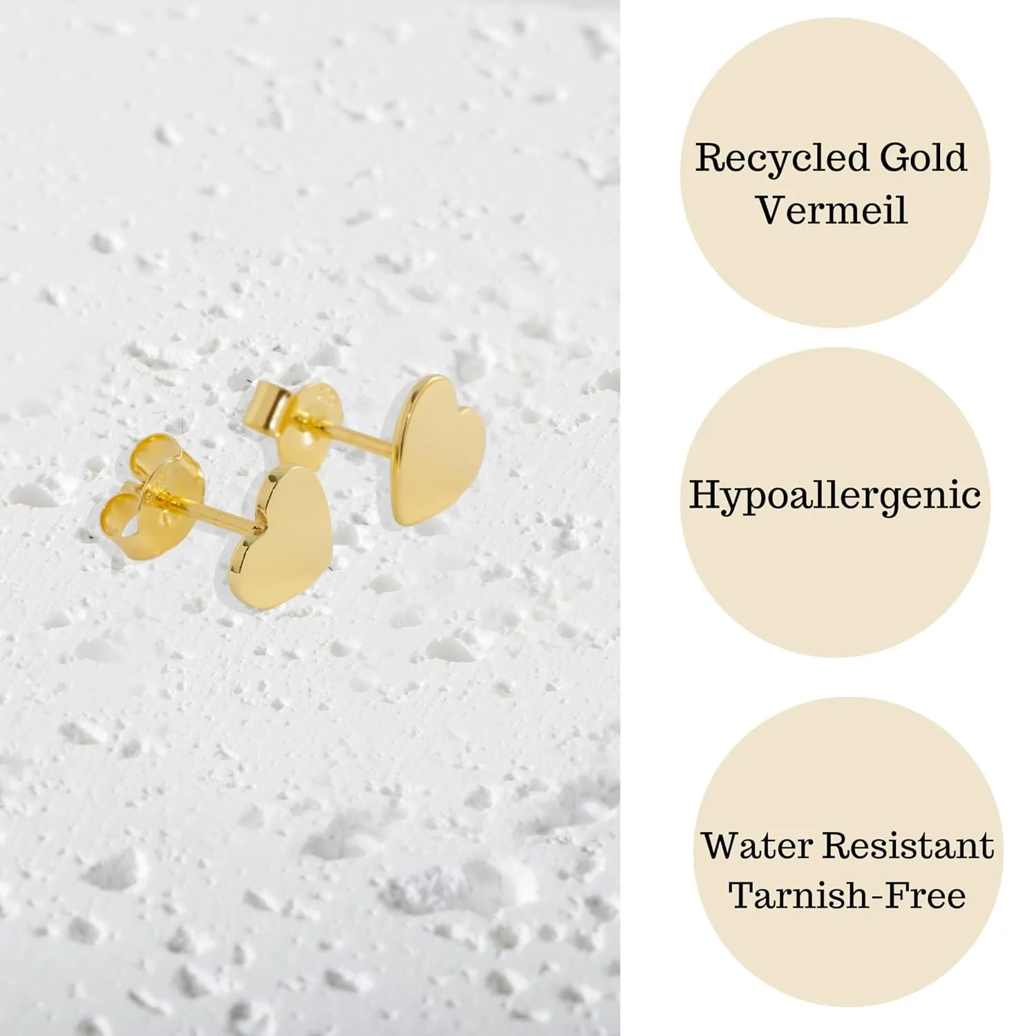 18K Gold Stud Earrings for Women - Certified 925 Sterling Silver Hypoallergenic Gold Earrings for Women - Premium Comfortable Full Heart Small Tiny Flat Back Stud Earrings for Women, Teen Girls