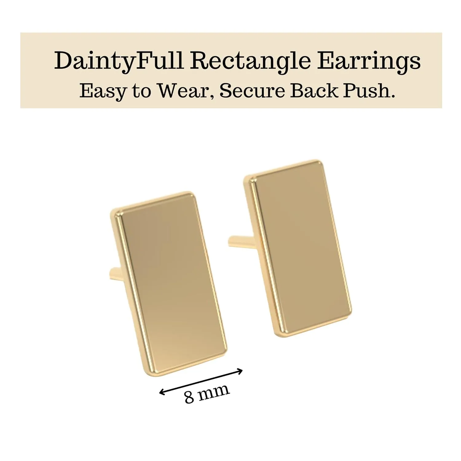 18K Gold Stud Earrings for Women - Certified 925 Sterling Silver Hypoallergenic Gold Earrings for Women - Premium Comfortable Full Rectangle Small Tiny Flat Back Stud Earrings for Women, Teen Girls