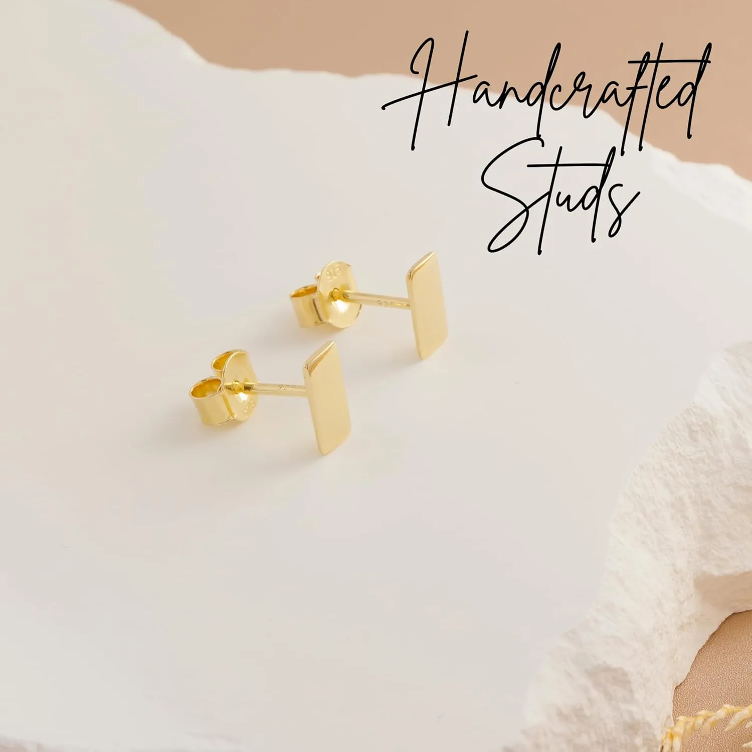 18K Gold Stud Earrings for Women - Certified 925 Sterling Silver Hypoallergenic Gold Earrings for Women - Premium Comfortable Full Rectangle Small Tiny Flat Back Stud Earrings for Women, Teen Girls