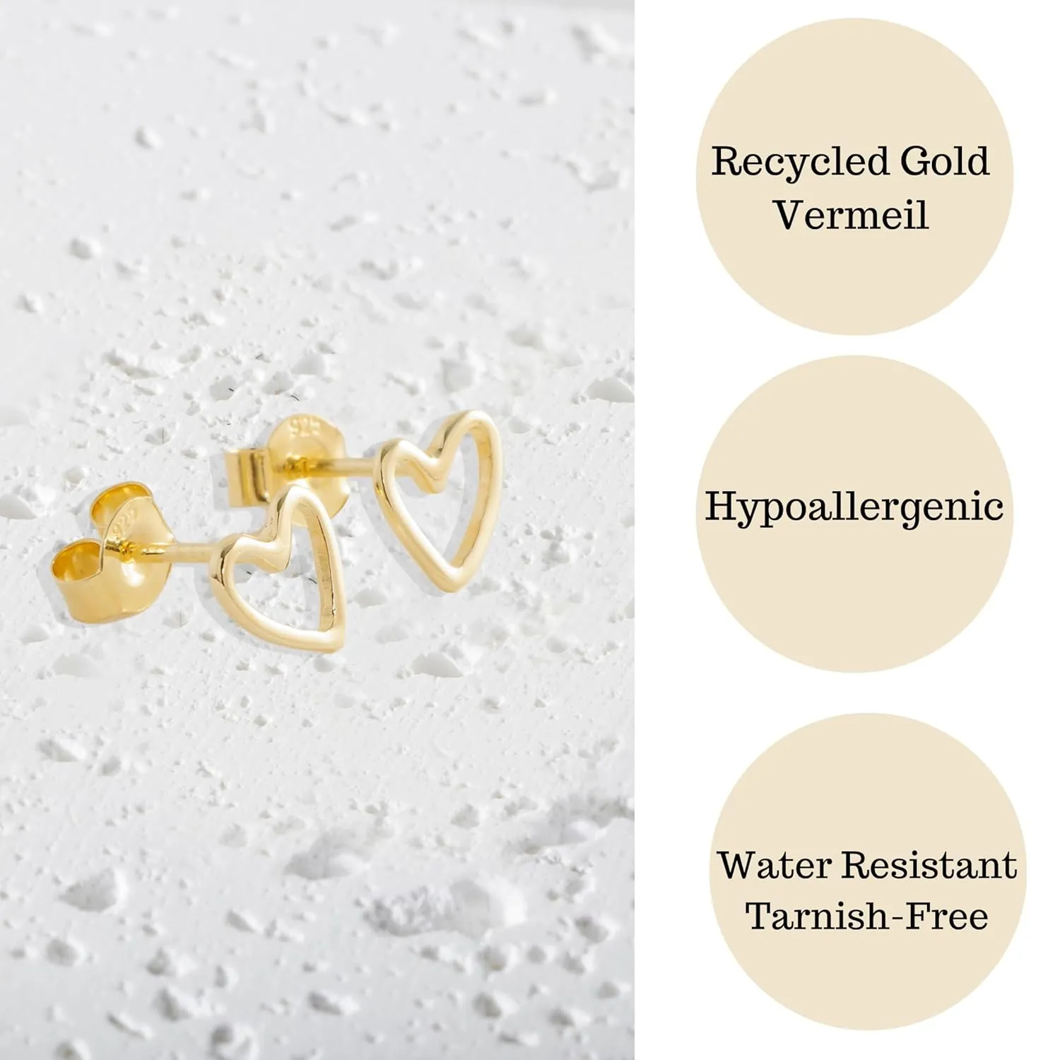 18K Gold Stud Earrings for Women - Certified 925 Sterling Silver Hypoallergenic Gold Earrings for Women - Premium Comfortable Hollow Heart Small Tiny Flat Back Stud Earrings for Women, Teen Girls