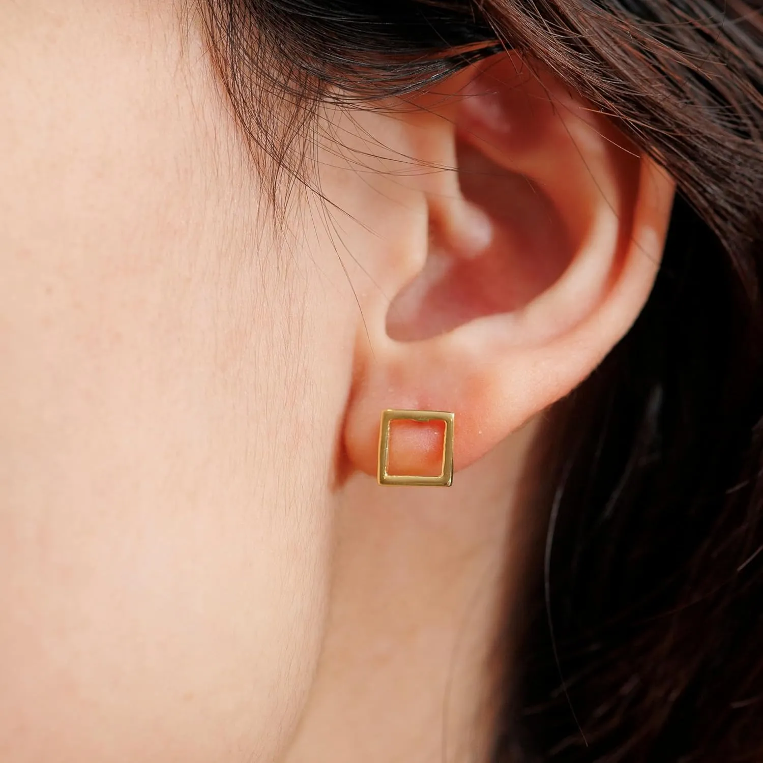 18K Gold Stud Earrings for Women - Certified 925 Sterling Silver Hypoallergenic Gold Earrings for Women - Premium Comfortable Hollow Square Small Tiny Flat Back Stud Earrings for Women, Teen Girls