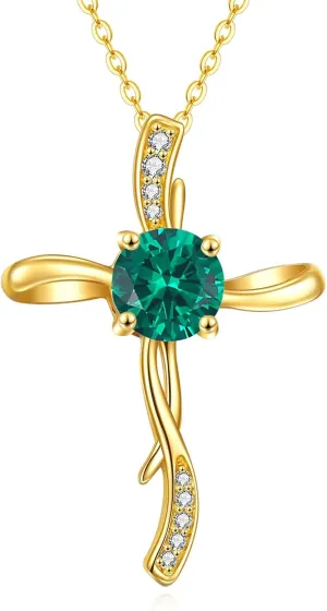 1CT Emerald 14K Yellow Gold Cross Necklace for Women, 14kt Gold Infinity Cross Pendant Necklace Baptism Faith Jewelry Mothers Day Gifts for Mom Her Girlfriend Wife (Gold-1CT Emerald)