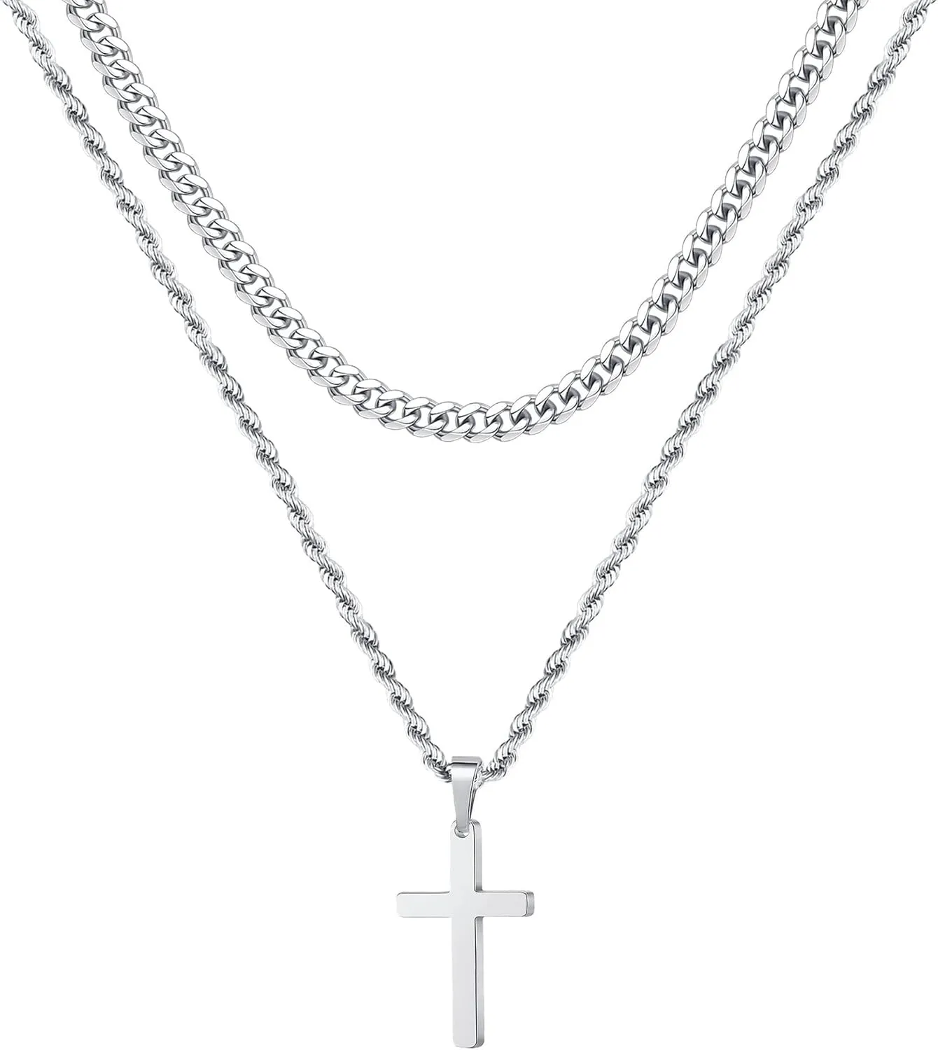 2 Pack Men's Cross Necklace & Chains for Men - Stainless Steel Layered Necklace Set with Cross Pendant and Cuban Link Chain, Hip Hop Jewelry Gifts for Men and Boys