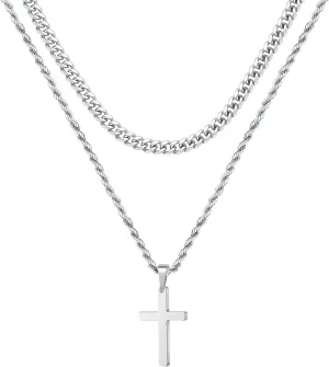 2 Pack Men's Cross Necklace & Chains for Men - Stainless Steel Layered Necklace Set with Cross Pendant and Cuban Link Chain, Hip Hop Jewelry Gifts for Men and Boys