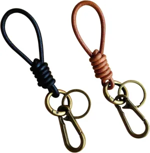 2 Pack Retro Cowhide Rope Keychain, Handmade Woven Leather Key Chain Key Ring Holder, Vintage Car Fob Key Keychains for Men Women Black Brown