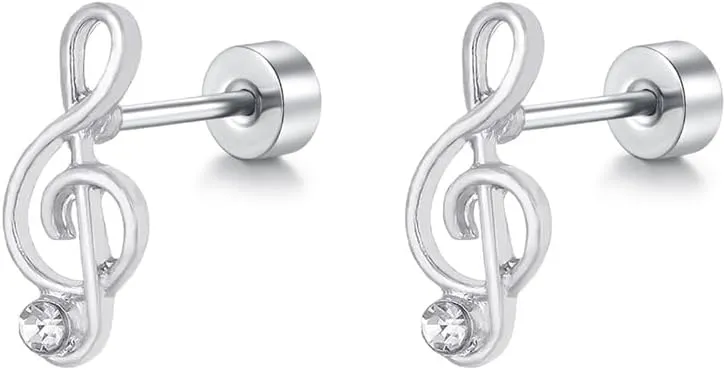 20g Music Note CZ Flat Screw Back Tiny Small Stud Earrings for Women Men Stainless Steel Cartilage Tragus Cute Simple Little Studs Hypoallergenic Sleeper Piercing Post Fashion Jewelry
