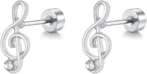 20g Music Note CZ Flat Screw Back Tiny Small Stud Earrings for Women Men Stainless Steel Cartilage Tragus Cute Simple Little Studs Hypoallergenic Sleeper Piercing Post Fashion Jewelry