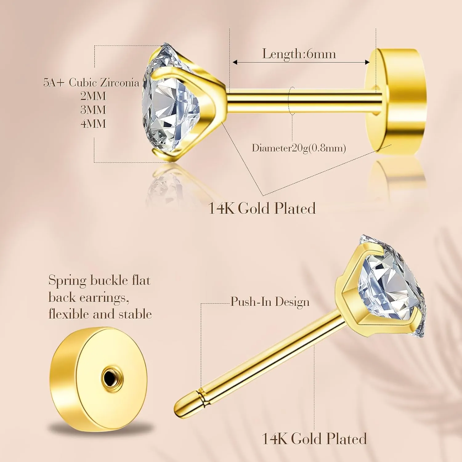 20G Threadless Flat Back Earrings for Women Men - Hypoallergenic Flat Back Stud Earrings Surgical Stainless Steel Cubic Zirconia Earring Tiny Cartilage Earring 2mm 3mm 4mm