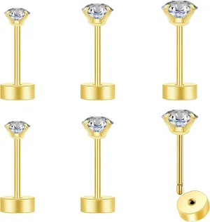 20G Threadless Flat Back Earrings for Women Men - Hypoallergenic Flat Back Stud Earrings Surgical Stainless Steel Cubic Zirconia Earring Tiny Cartilage Earring 2mm 3mm 4mm