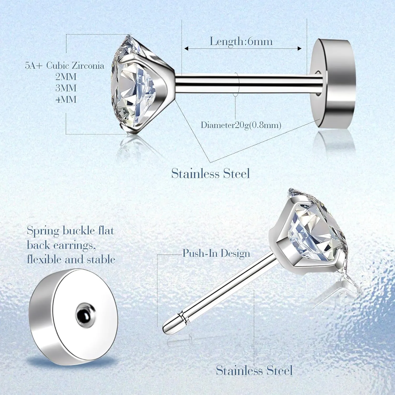 20G Threadless Flat Back Earrings for Women Men - Hypoallergenic Flat Back Stud Earrings Surgical Stainless Steel Cubic Zirconia Earring Tiny Cartilage Earring 2mm 3mm 4mm