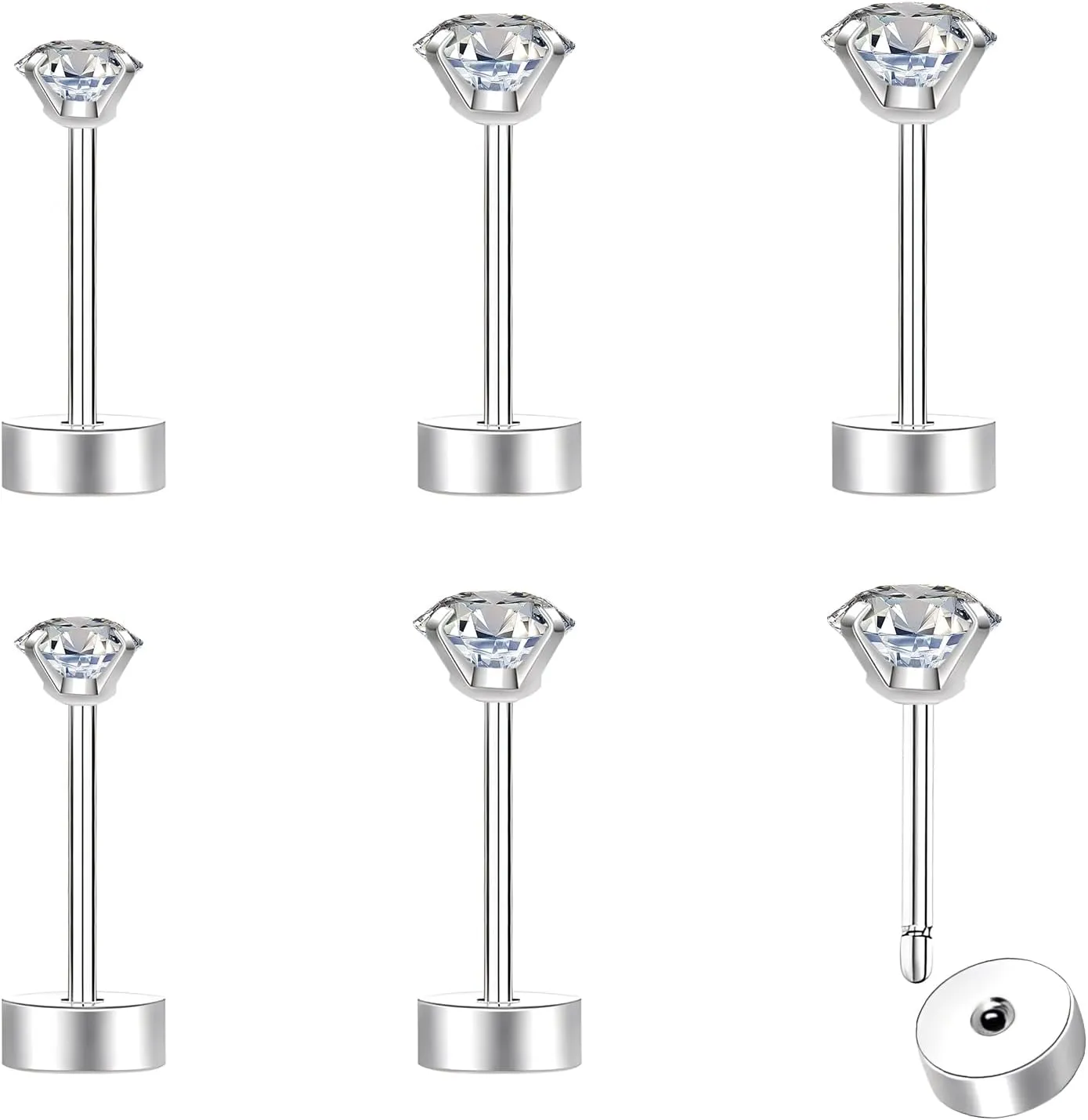 20G Threadless Flat Back Earrings for Women Men - Hypoallergenic Flat Back Stud Earrings Surgical Stainless Steel Cubic Zirconia Earring Tiny Cartilage Earring 2mm 3mm 4mm