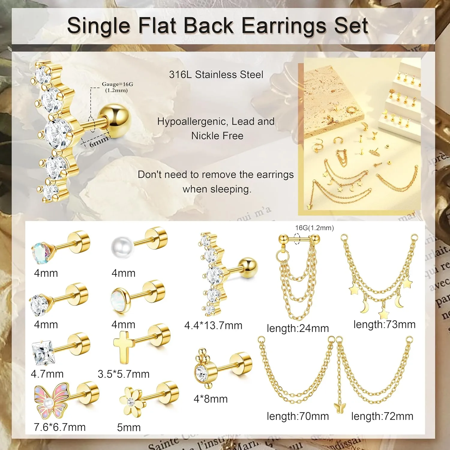 27 Pcs Flat Back Earrings Hypoallergenic Surgical Steel Cartilage Stud Earring Stacks Set for Mutiple Piercing Dainty Chain Dangle Conch Tragus Daith Helix Piercing Jewelry for Women Men Trendy 16G