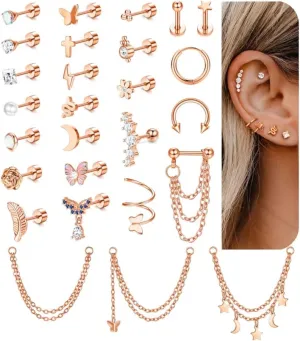 27 Pcs Flat Back Earrings Hypoallergenic Surgical Steel Cartilage Stud Earring Stacks Set for Mutiple Piercing Dainty Chain Dangle Conch Tragus Daith Helix Piercing Jewelry for Women Men Trendy 16G