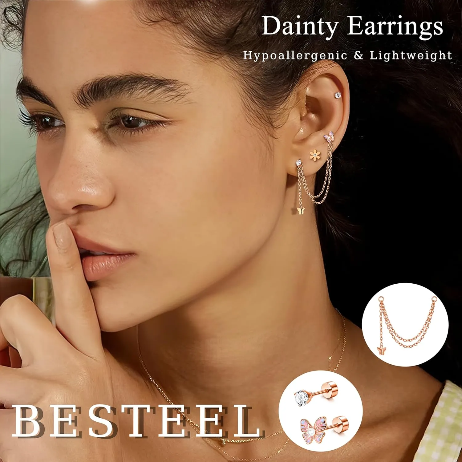 27 Pcs Flat Back Earrings Hypoallergenic Surgical Steel Cartilage Stud Earring Stacks Set for Mutiple Piercing Dainty Chain Dangle Conch Tragus Daith Helix Piercing Jewelry for Women Men Trendy 16G