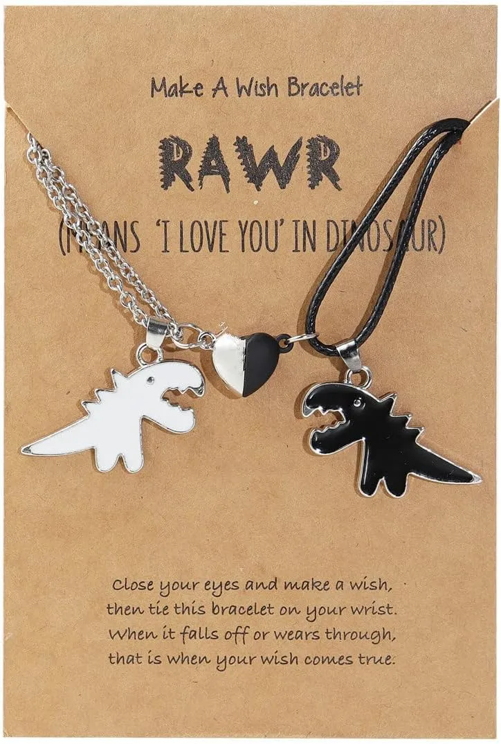2Pcs Handmade Love Heart Dinosaur Couple Matching Pendant Necklace Set for Women Men Friend Adjustable Animal Necklace Friendship Jewelry Gift