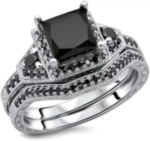 3 CT Princess Cut Created Black Diamond Prong Set Wedding Bridal Ring Set with Bands In 14K White Gold Plated 925 Sterling Silver Gift for Womens