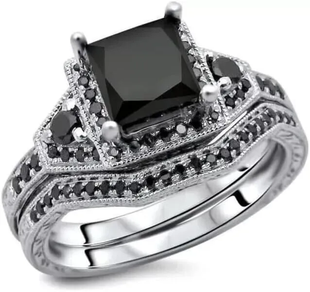3 CT Princess Cut Created Black Diamond Prong Set Wedding Bridal Ring Set with Bands In 14K White Gold Plated 925 Sterling Silver Gift for Womens