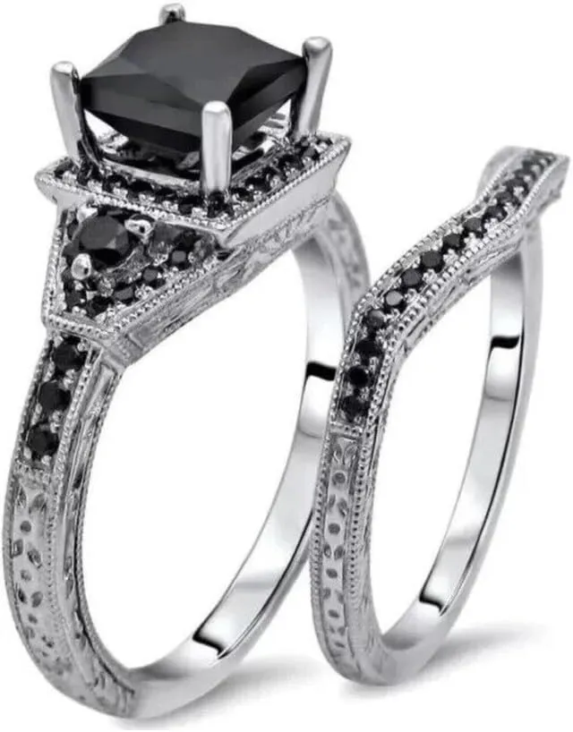 3 CT Princess Cut Created Black Diamond Prong Set Wedding Bridal Ring Set with Bands In 14K White Gold Plated 925 Sterling Silver Gift for Womens
