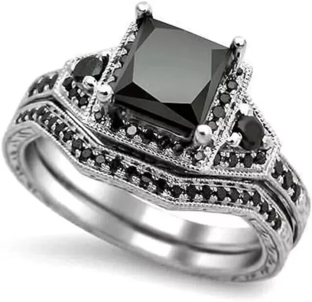 3 CT Princess Cut Created Black Diamond Prong Set Wedding Bridal Ring Set with Bands In 14K White Gold Plated 925 Sterling Silver Gift for Womens