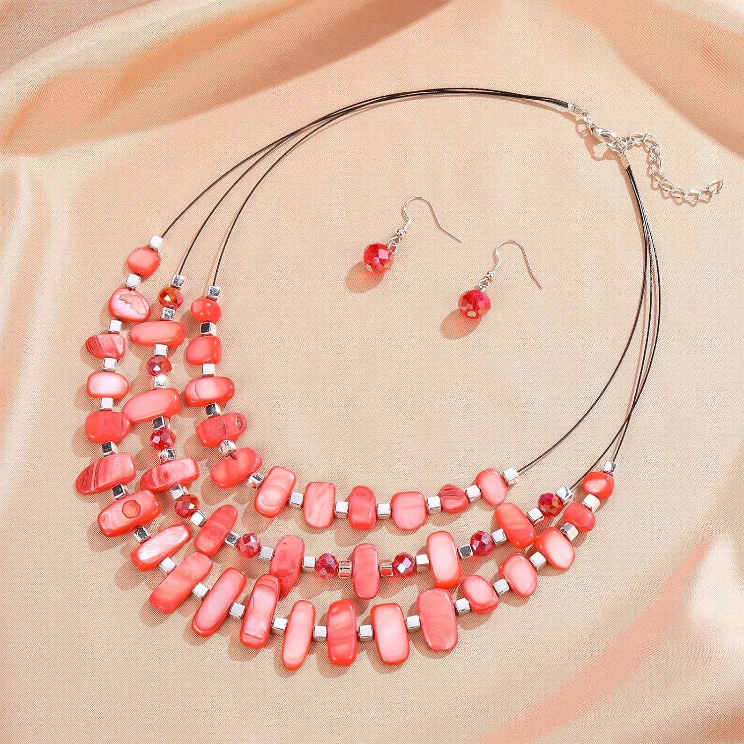 3 Layered Chunky Statement Necklace for Women Beaded Strand Necklaces with Earring Fashion Costumes Collar Necklace Jewelry Sets Gifts for Women
