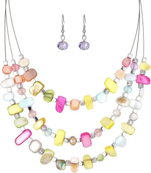 3 Layered Chunky Statement Necklace for Women Beaded Strand Necklaces with Earring Fashion Costumes Collar Necklace Jewelry Sets Gifts for Women