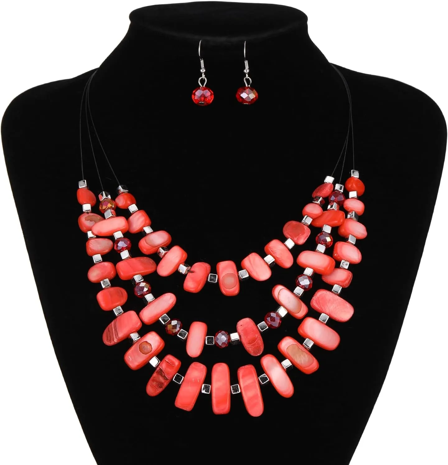 3 Layered Chunky Statement Necklace for Women Beaded Strand Necklaces with Earring Fashion Costumes Collar Necklace Jewelry Sets Gifts for Women