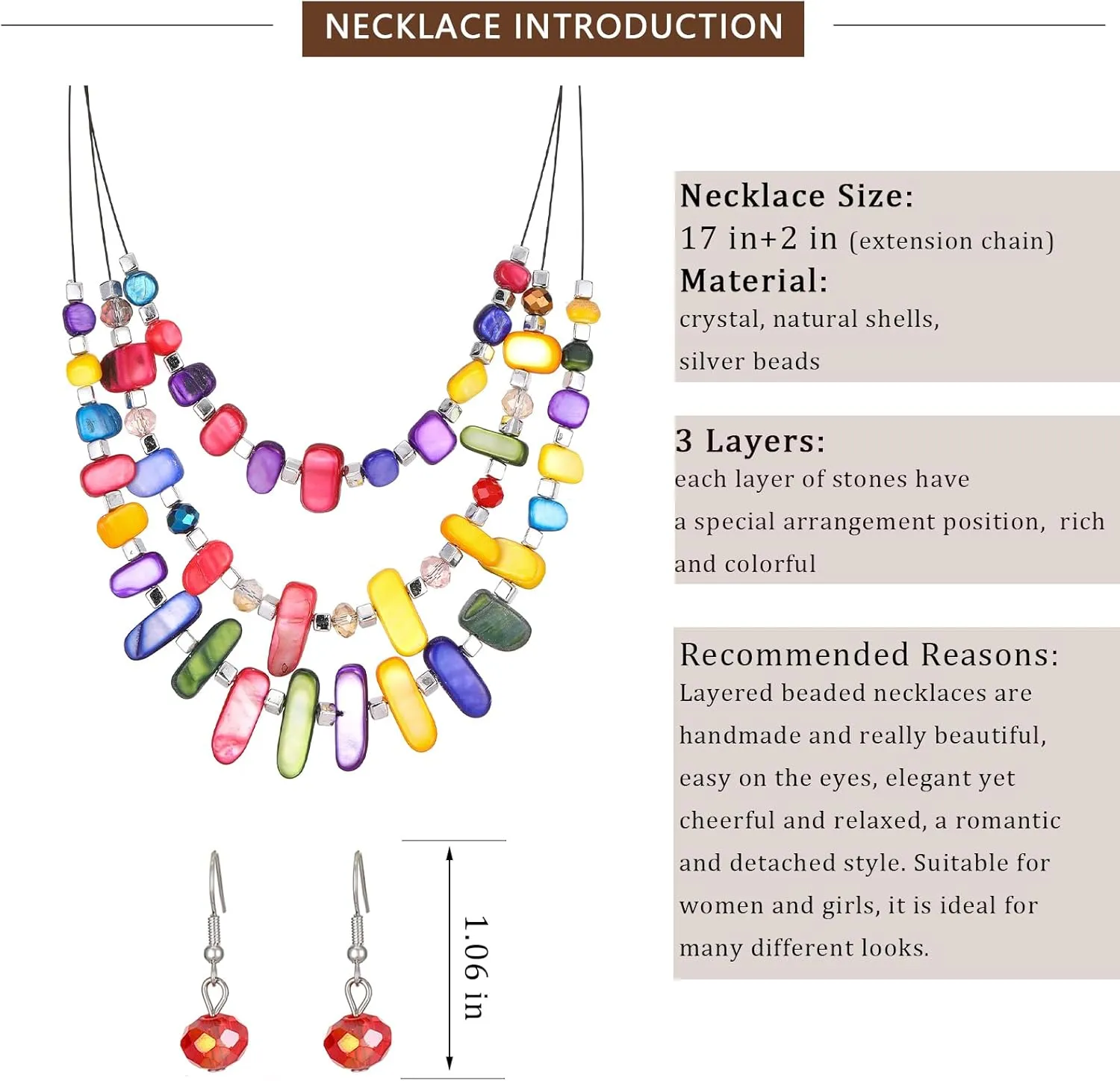 3 Layered Chunky Statement Necklace for Women Beaded Strand Necklaces with Earring Fashion Costumes Collar Necklace Jewelry Sets Gifts for Women