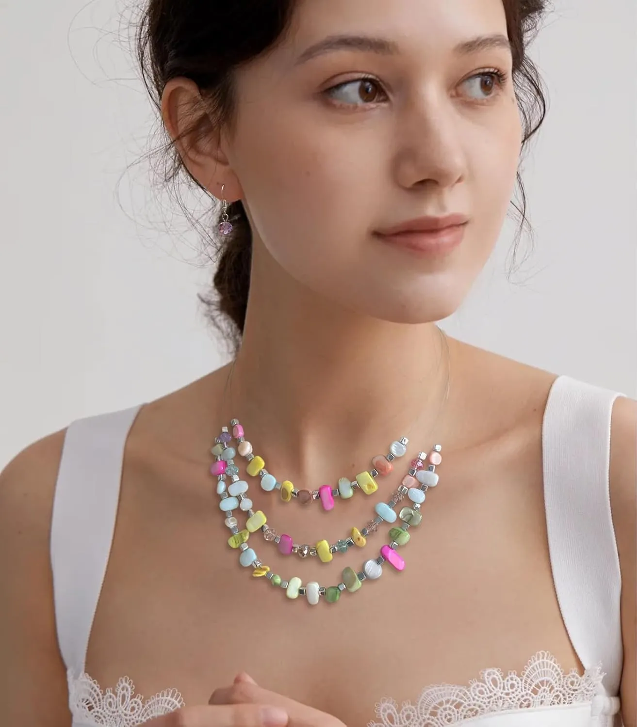 3 Layered Chunky Statement Necklace for Women Beaded Strand Necklaces with Earring Fashion Costumes Collar Necklace Jewelry Sets Gifts for Women