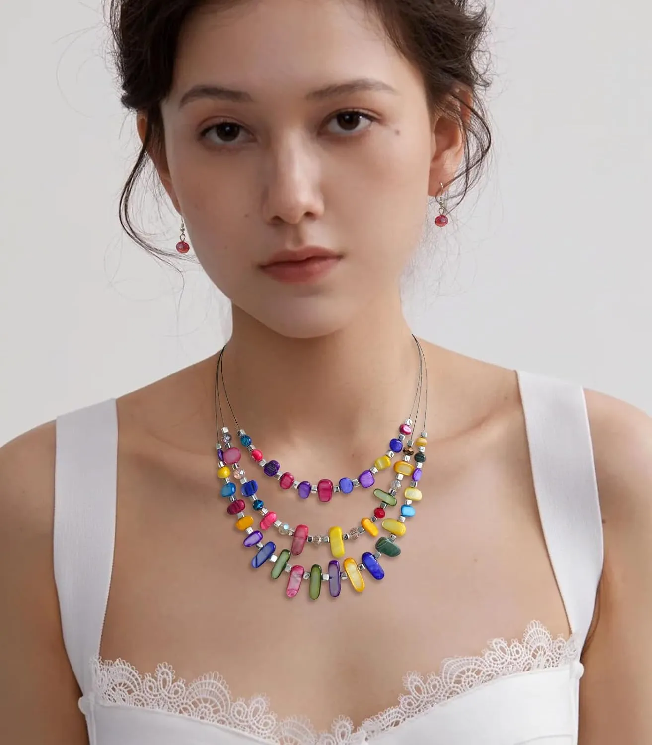 3 Layered Chunky Statement Necklace for Women Beaded Strand Necklaces with Earring Fashion Costumes Collar Necklace Jewelry Sets Gifts for Women