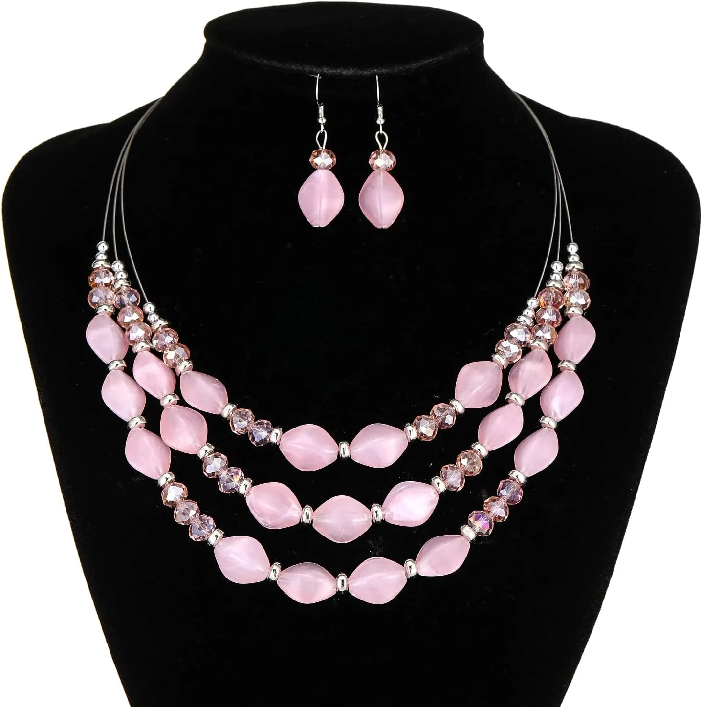 3 Layered Chunky Statement Necklace for Women Beaded Strand Necklaces with Earring Fashion Costumes Collar Necklace Jewelry Sets Gifts for Women