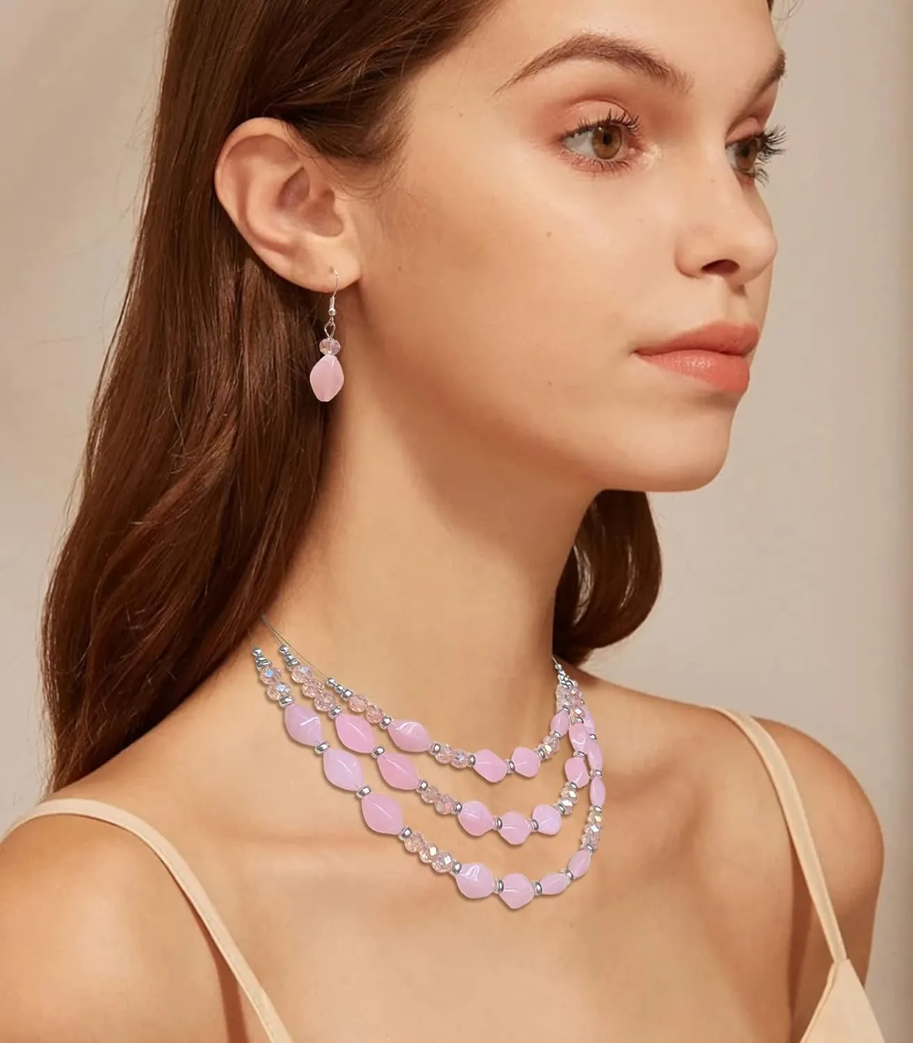 3 Layered Chunky Statement Necklace for Women Beaded Strand Necklaces with Earring Fashion Costumes Collar Necklace Jewelry Sets Gifts for Women
