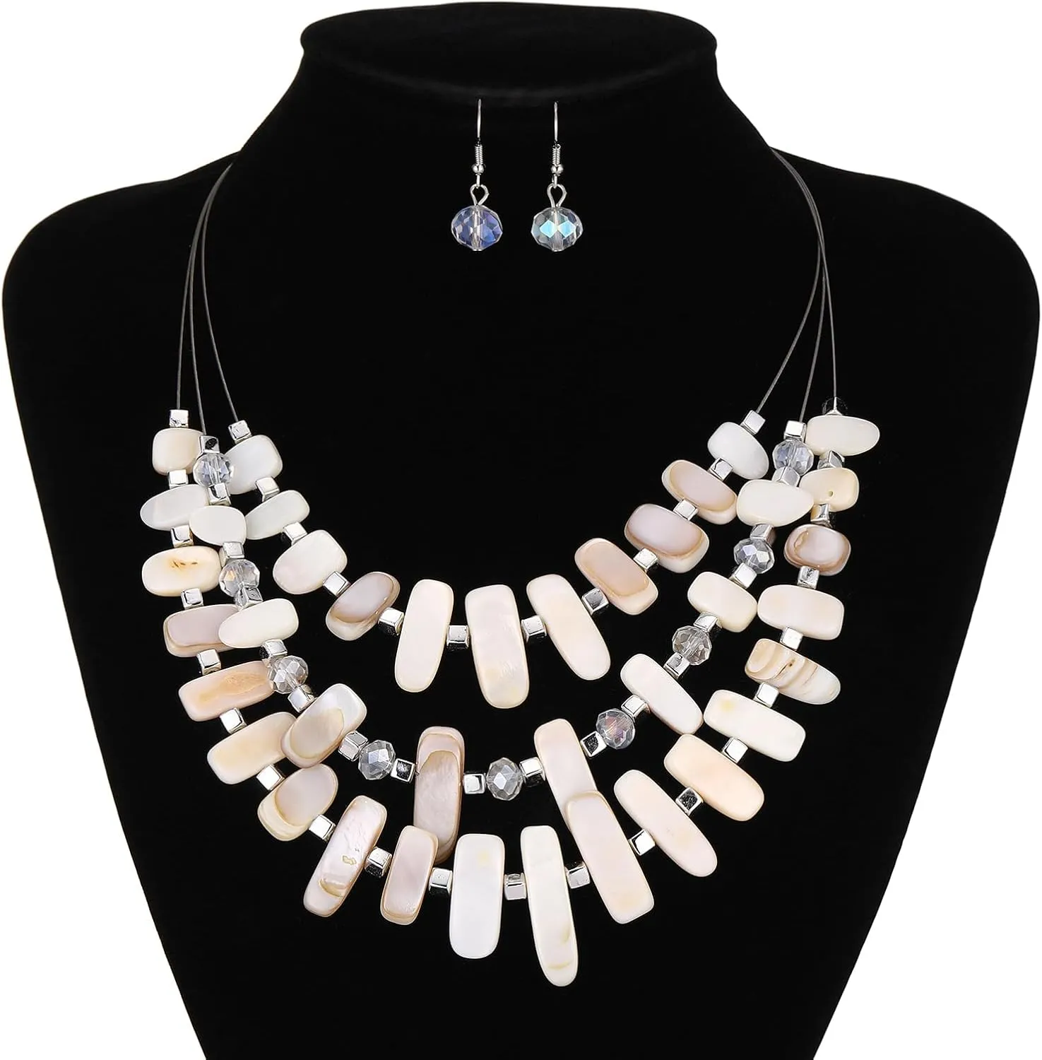 3 Layered Chunky Statement Necklace for Women Beaded Strand Necklaces with Earring Fashion Costumes Collar Necklace Jewelry Sets Gifts for Women