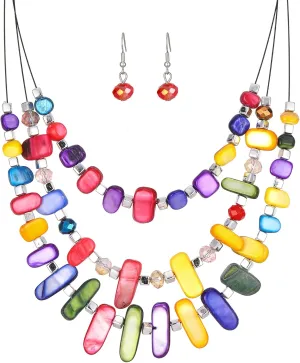 3 Layered Chunky Statement Necklace for Women Beaded Strand Necklaces with Earring Fashion Costumes Collar Necklace Jewelry Sets Gifts for Women