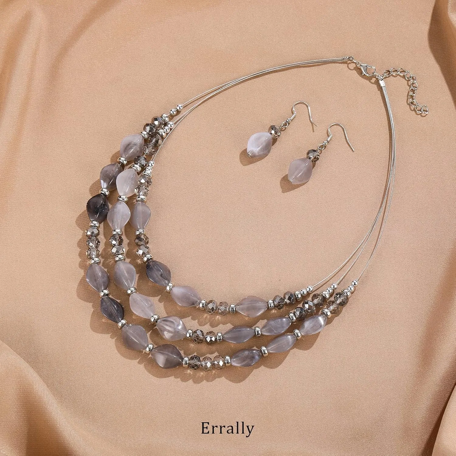 3 Layered Chunky Statement Necklace for Women Beaded Strand Necklaces with Earring Fashion Costumes Collar Necklace Jewelry Sets Gifts for Women