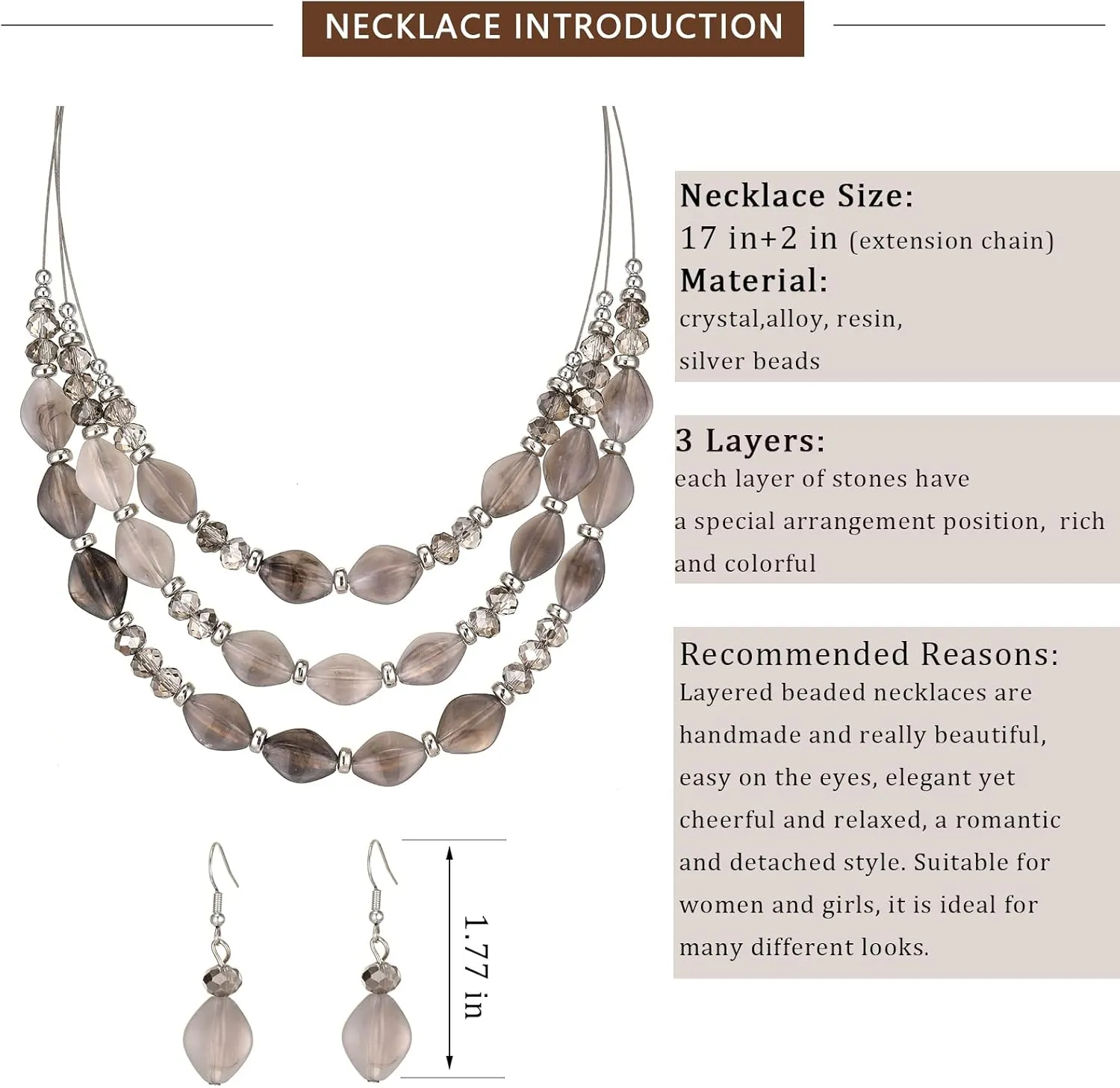 3 Layered Chunky Statement Necklace for Women Beaded Strand Necklaces with Earring Fashion Costumes Collar Necklace Jewelry Sets Gifts for Women