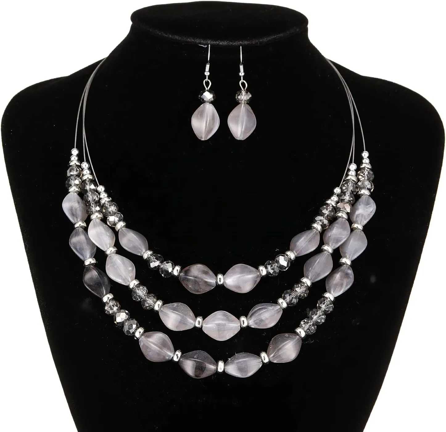 3 Layered Chunky Statement Necklace for Women Beaded Strand Necklaces with Earring Fashion Costumes Collar Necklace Jewelry Sets Gifts for Women