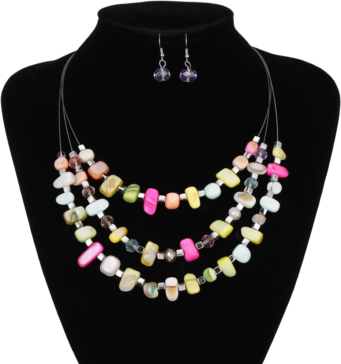 3 Layered Chunky Statement Necklace for Women Beaded Strand Necklaces with Earring Fashion Costumes Collar Necklace Jewelry Sets Gifts for Women